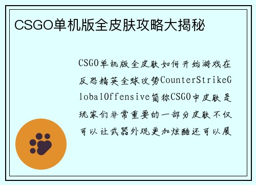 CSGO单机版全皮肤攻略大揭秘